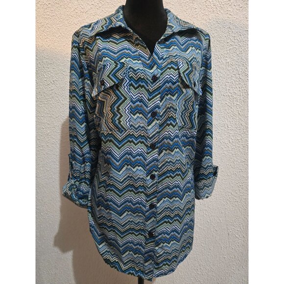 Kim Rogers Womens 2X Button-Up Zigzag Pattern Shirt With Roll-Tab Sleeves boho - Picture 6 of 7